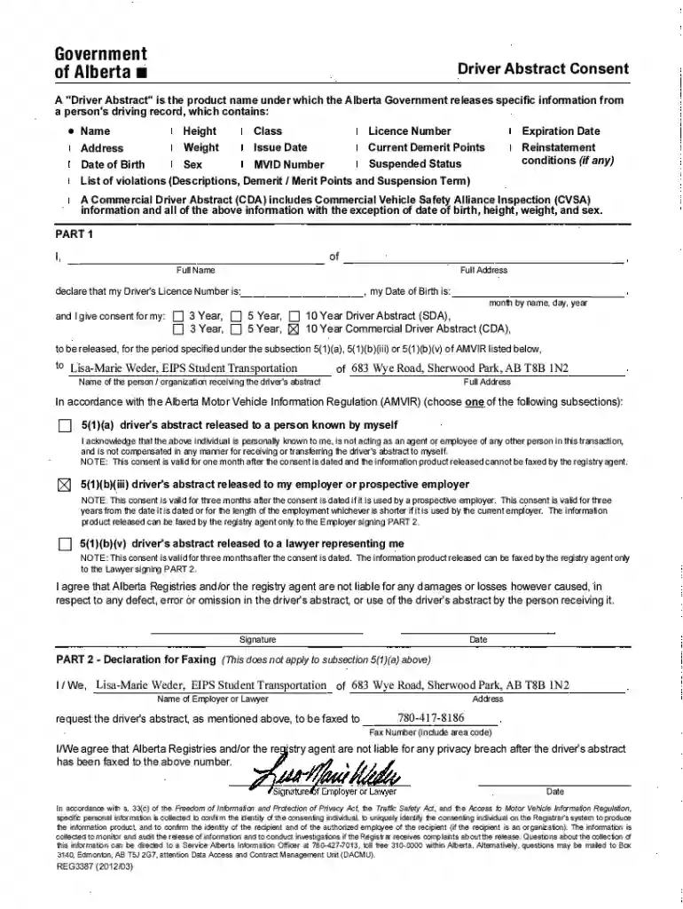 Alberta Driver's Abstract Form - Fill Out and Sign Printable Preview on Page 1