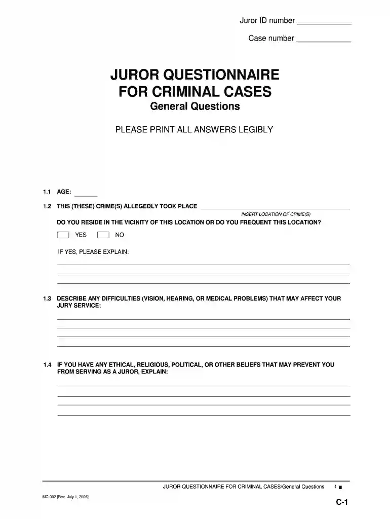 MC-002 Juror Questionnaire for Criminal Cases/Capital Case Supplement. Judicial Council forms - courts ca Preview on Page 1