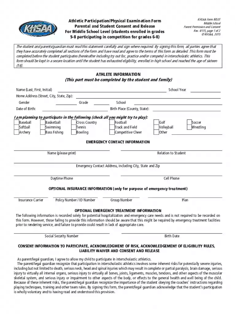 KHSAA Athletic Participation and Physical Examination Form Preview on Page 1