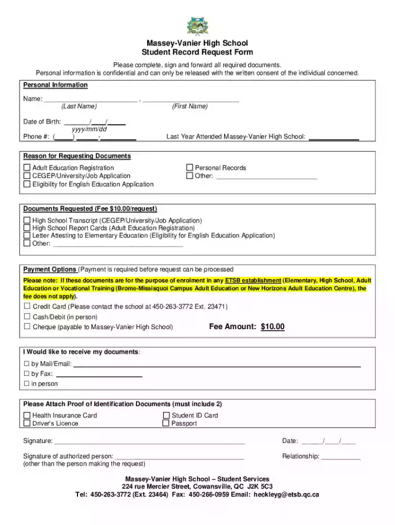 Massey-Vanier High School Student Record Request Form Preview on Page 1