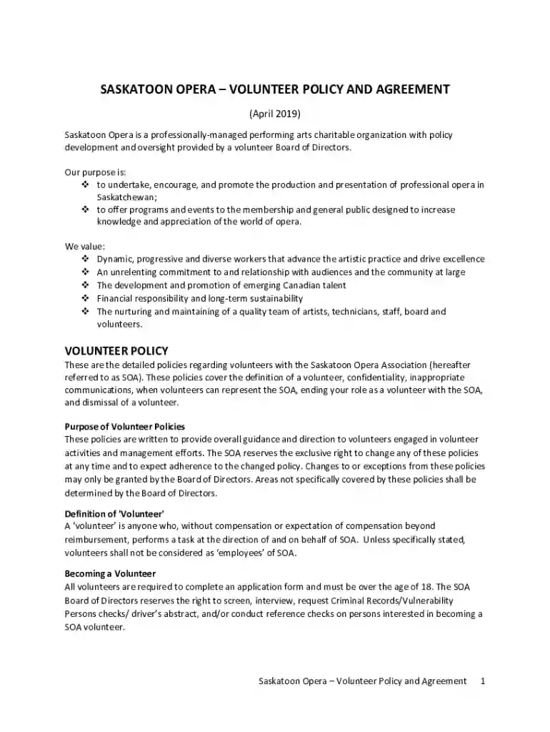 Volunteer Policy and Agreement Preview on Page 1