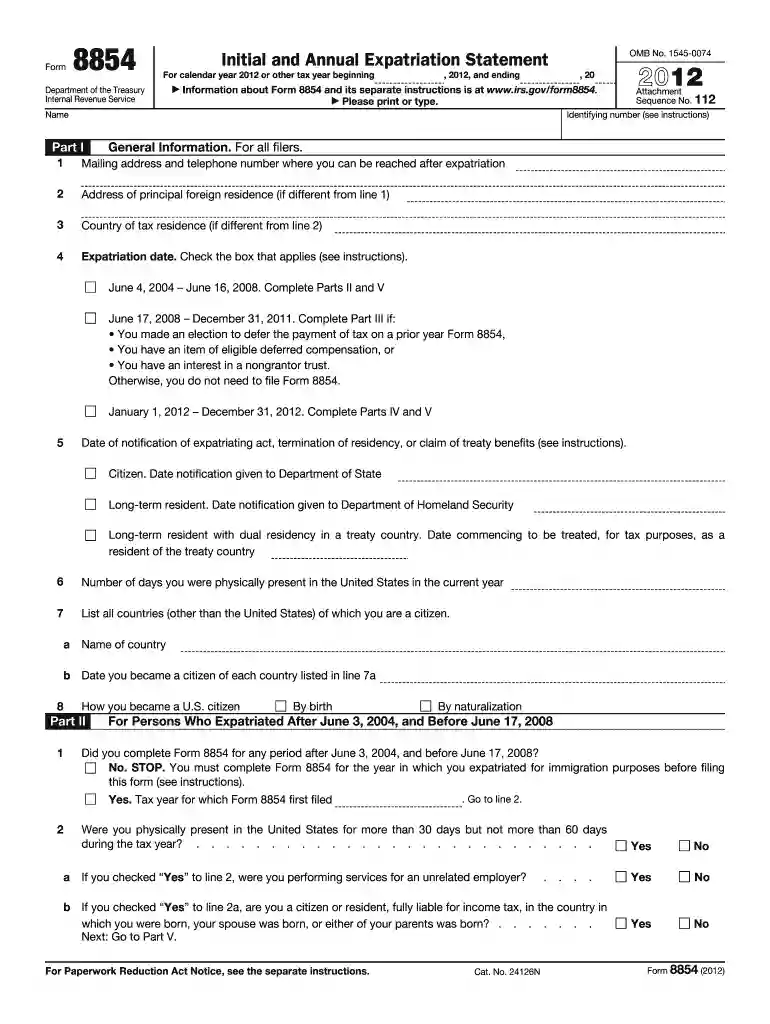 2012 form 8854 Preview on Page 1