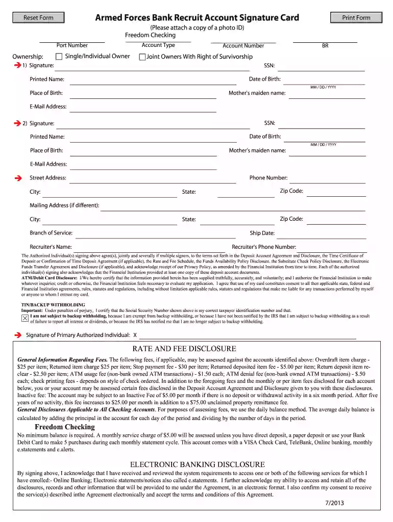 bank signature card Preview on Page 1