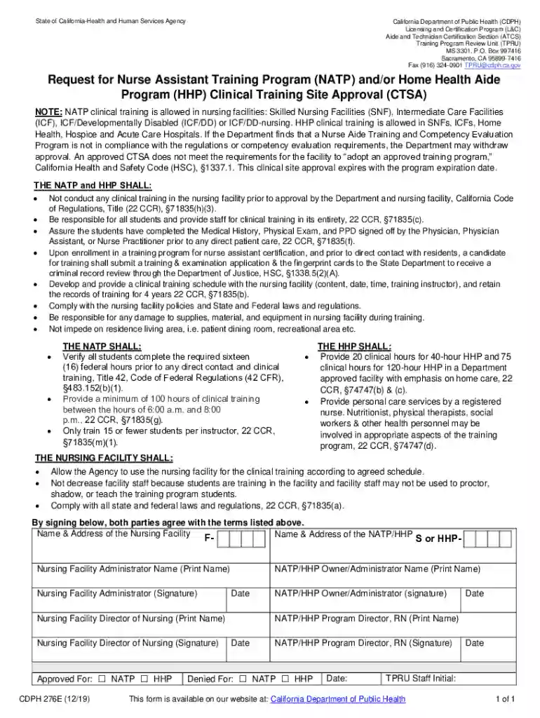 Request for Nurse Assistant Training Program or Home Health Aide program clinical site approval Preview on Page 1