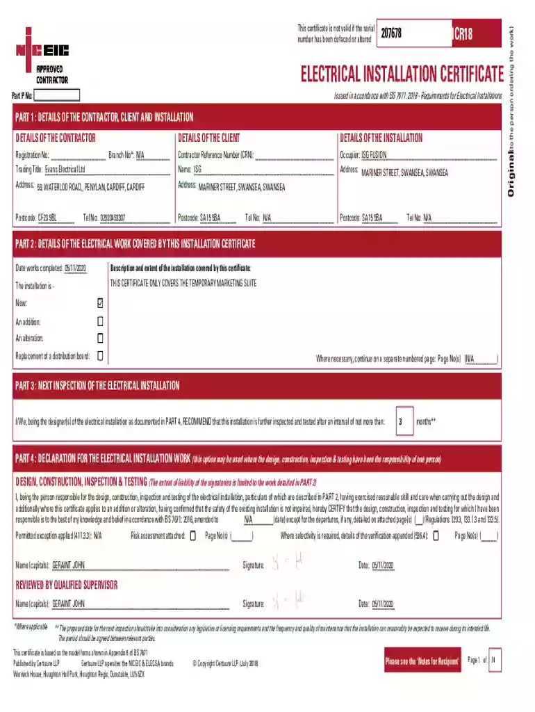 How to get a copy of a part p certificate, BS7671 certificate Preview on Page 1