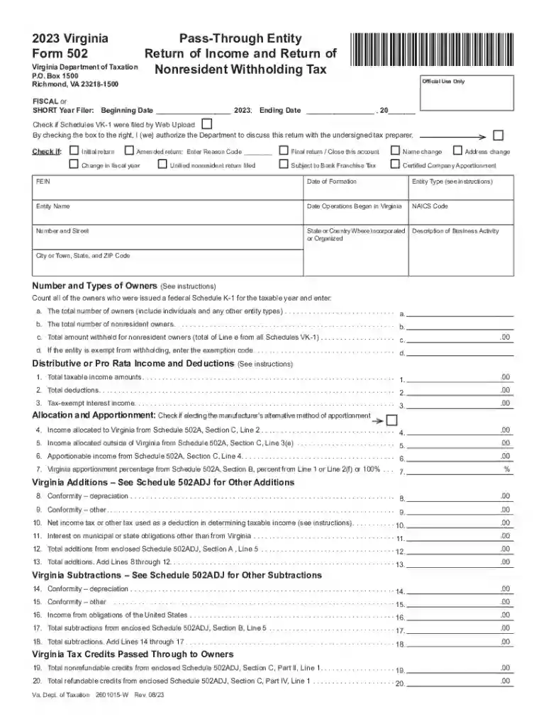Draft 2023 Form 502 - Pass-Through Entity Return of Income and Return of Nonresident Withholding Tax Preview on Page 1