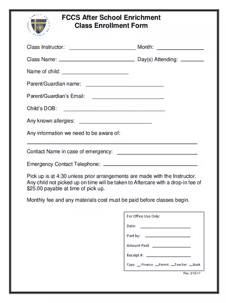 FCCS After School Enrichment Class Enrollment Form Preview on Page 1