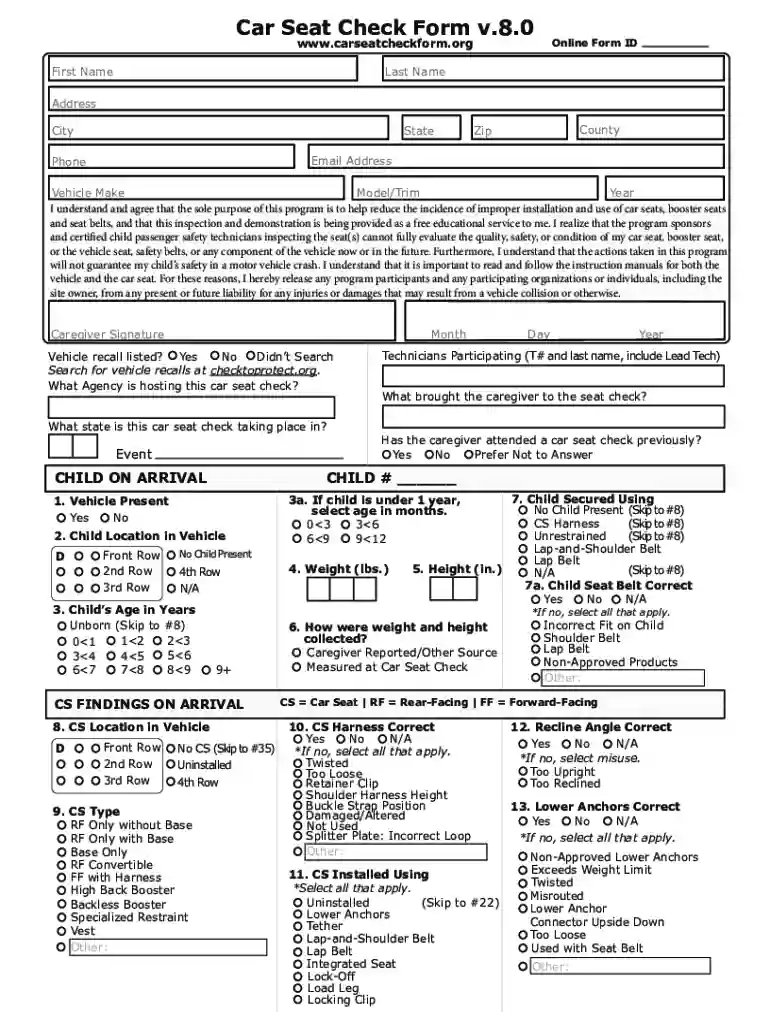 Car Seat Check Form v 8 0 Preview on Page 1