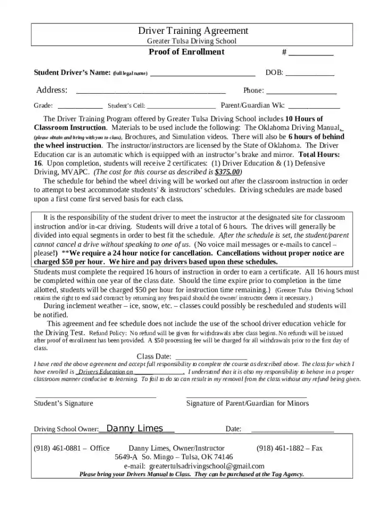 Driver Education Agreement Form Preview on Page 1