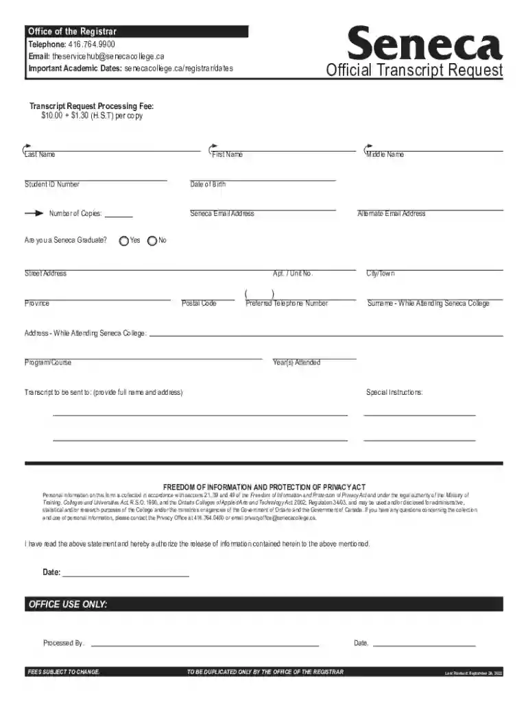 seneca college transcript request Preview on Page 1