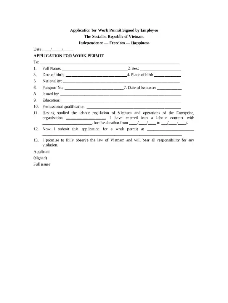 Application for Work Permit Signed by Employee Preview on Page 1