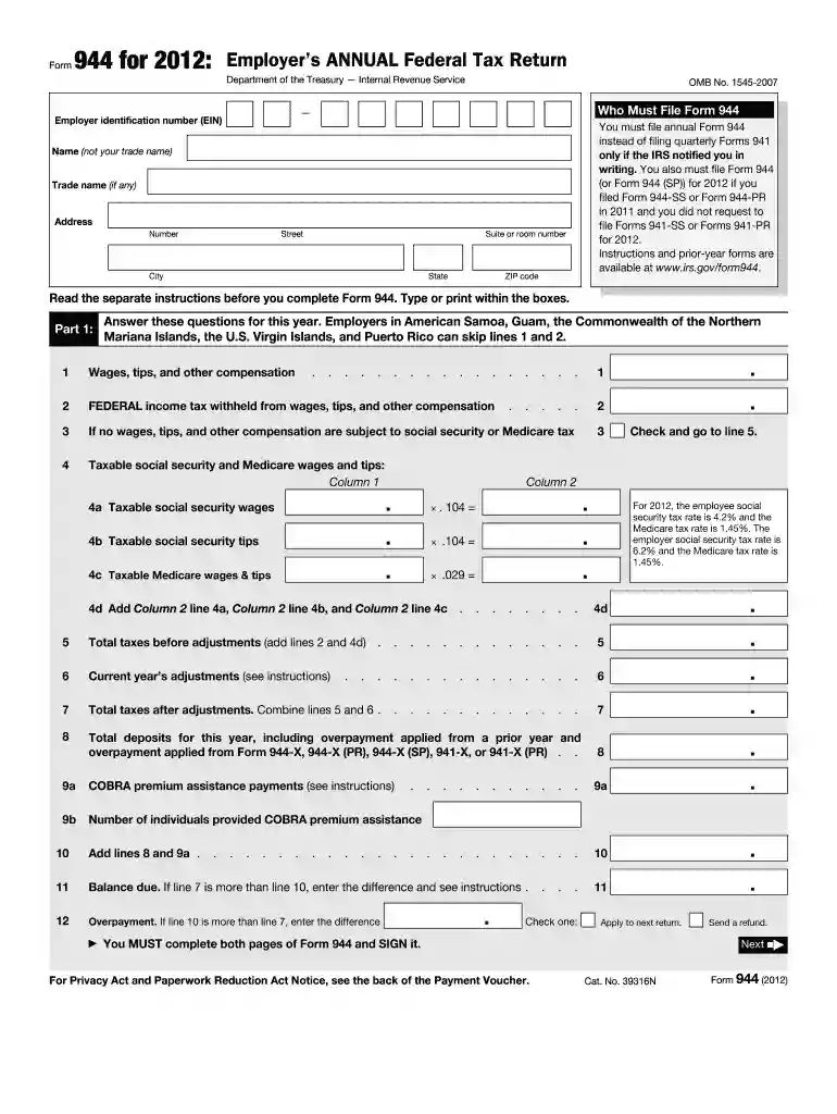 2012 form 944 Preview on Page 1