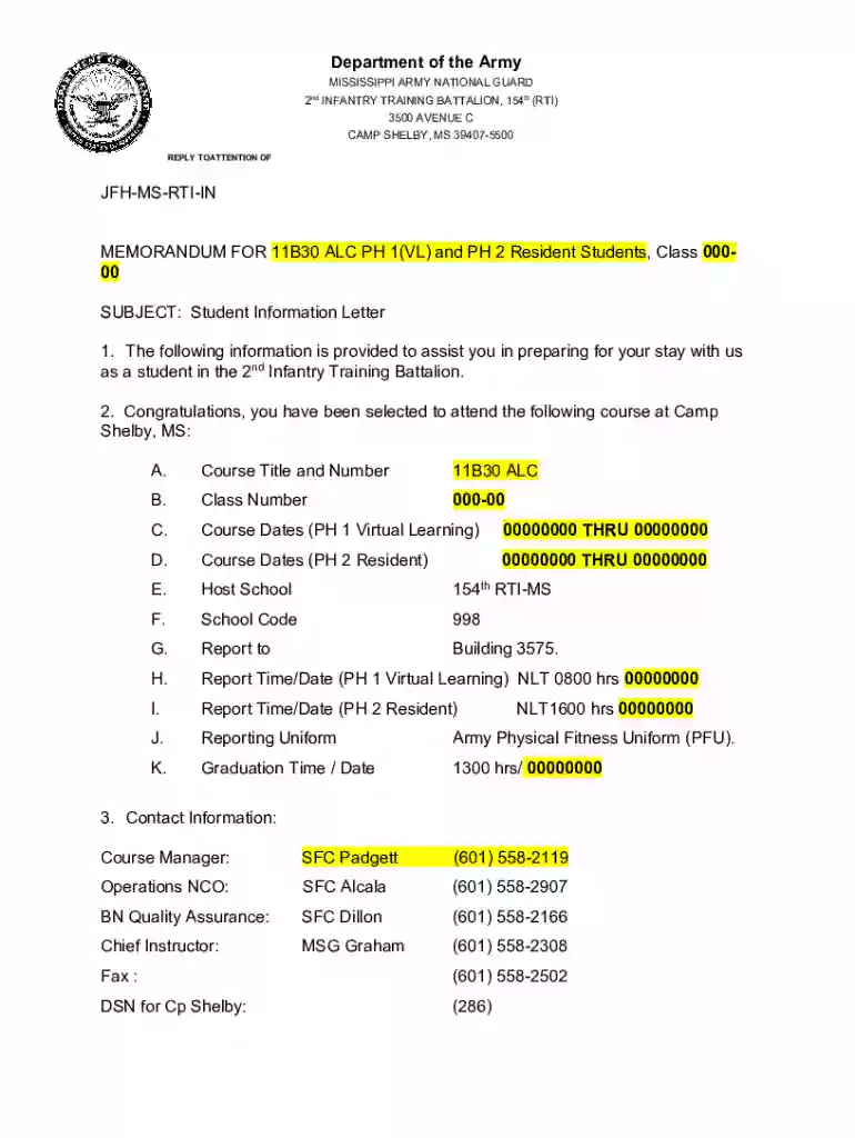 Student Information Letter for 2nd Infantry Training Battalion Preview on Page 1