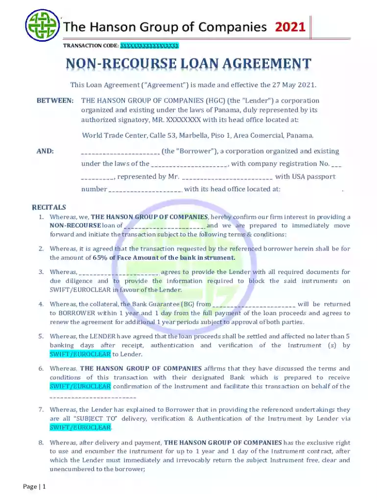 Non-Recourse Loan Agreement Preview on Page 1