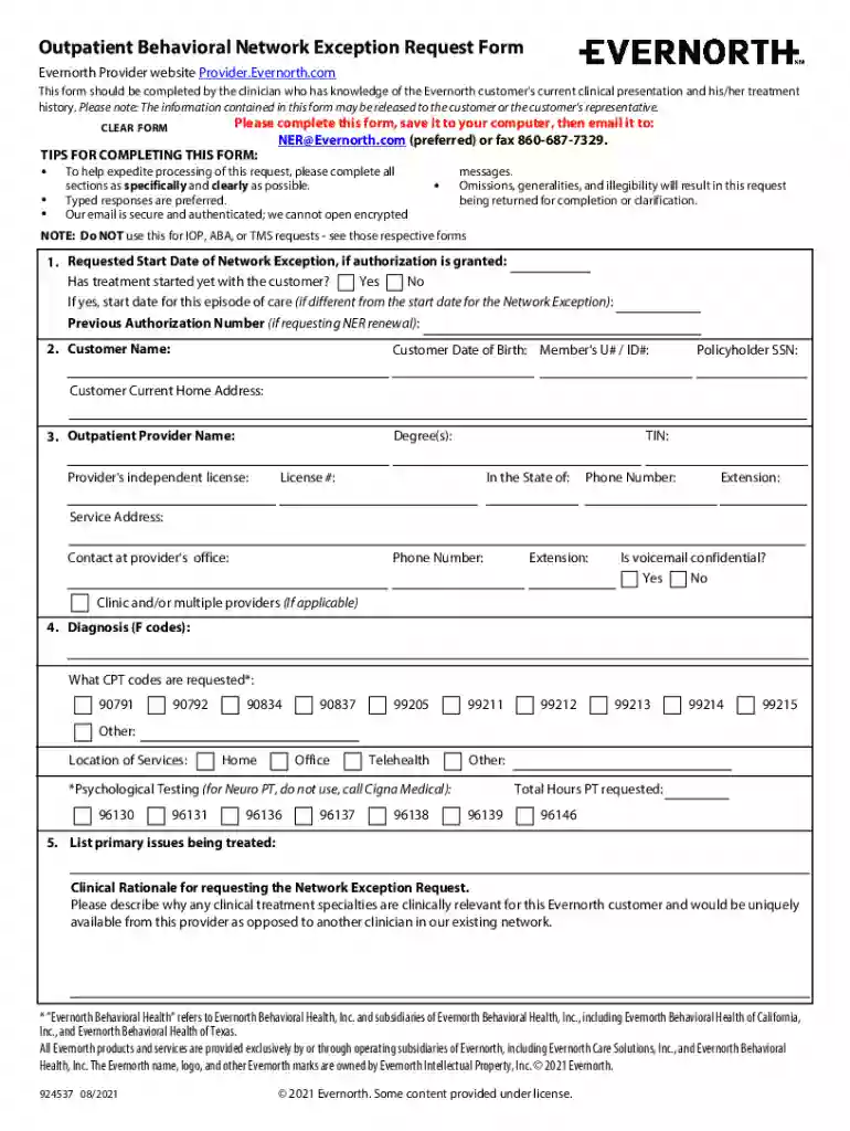 outpatient behavioral network exception request form Preview on Page 1