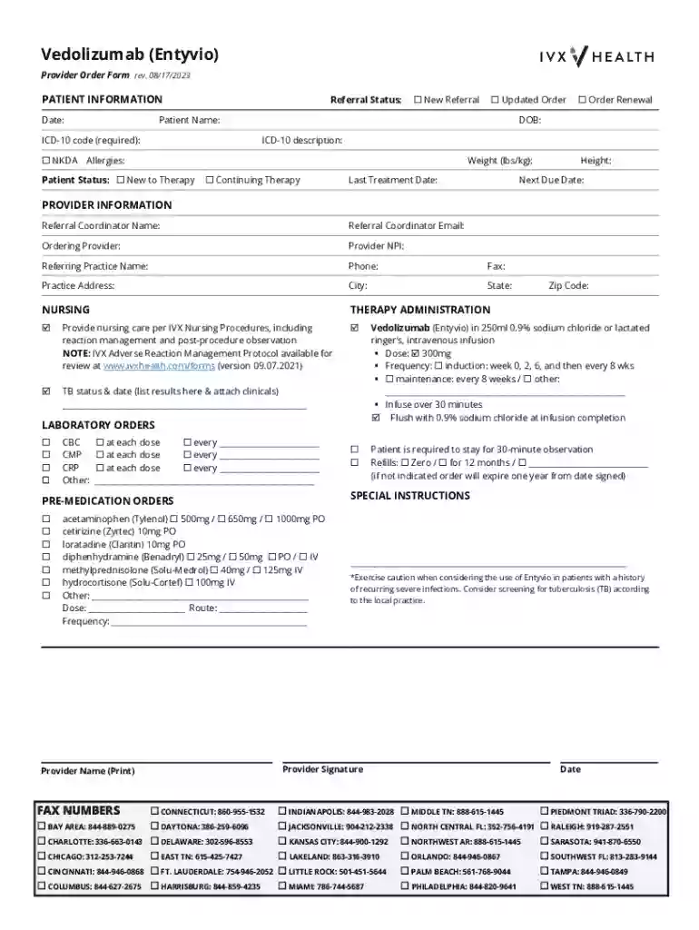 Entyvio (Vedolizumab) Order Form - ARJ Infusion Services Preview on Page 1