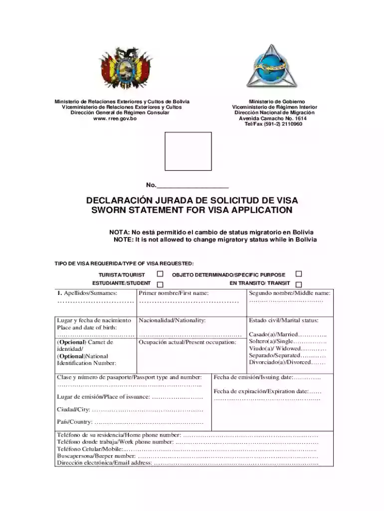 Bolivia Visa Application Form Preview on Page 1