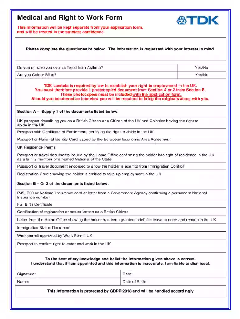 Medical and Right to Work Form Preview on Page 1