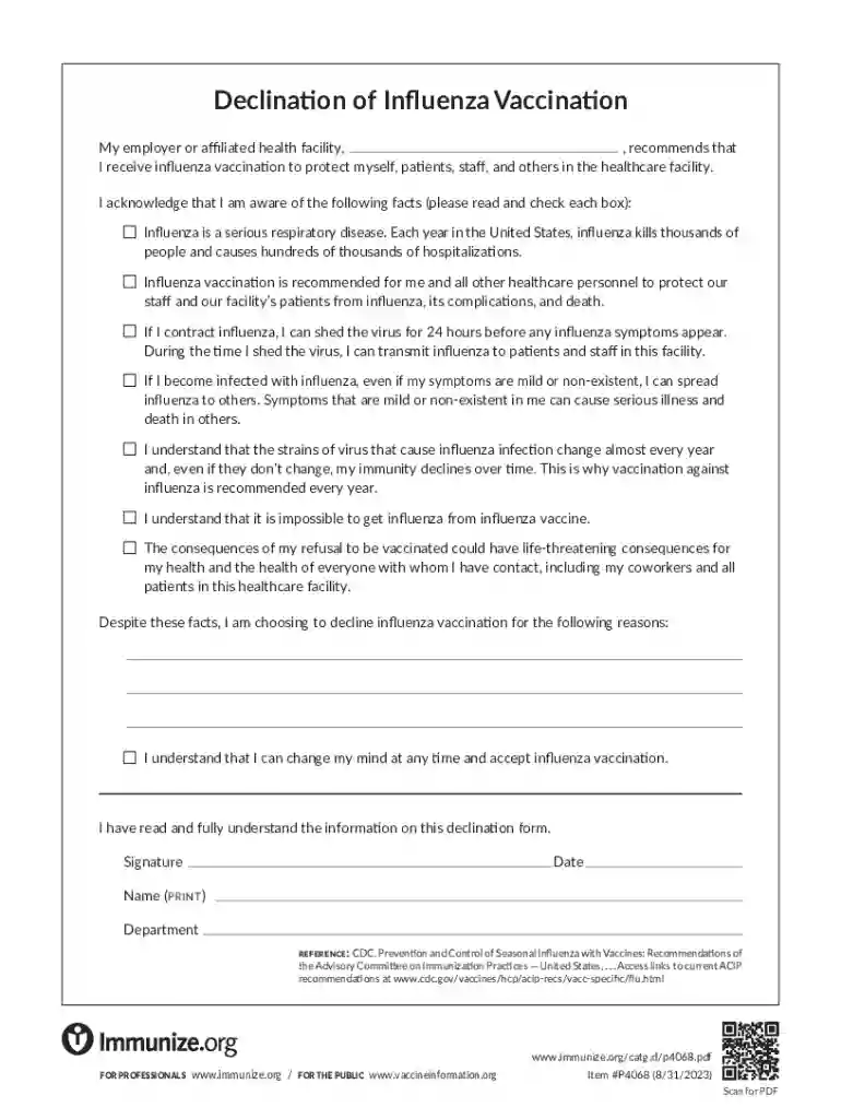 Influenza Vaccination Declination Form Preview on Page 1