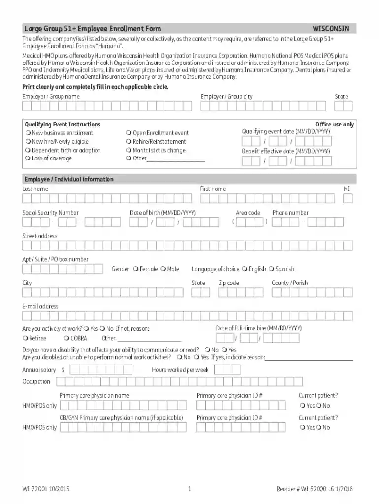 Humana Employee Enrollment Form - 2-99 Preview on Page 1