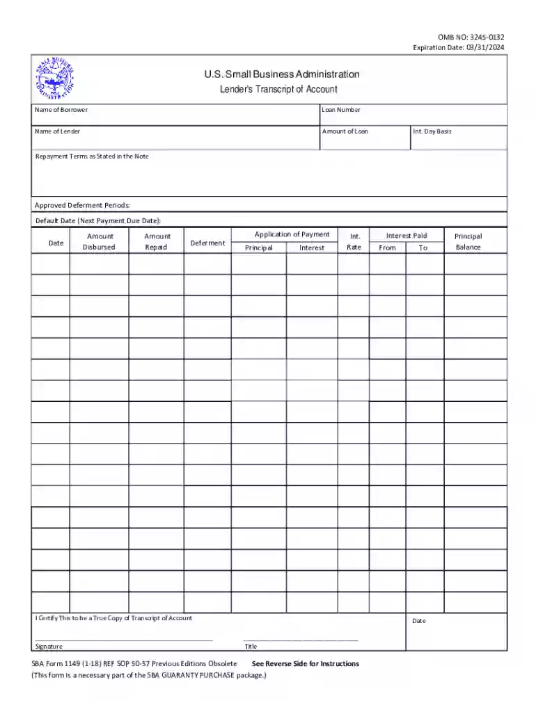 Form SBA Form 1149 SBA Form 1149 Lender's Transcript of Account Preview on Page 1