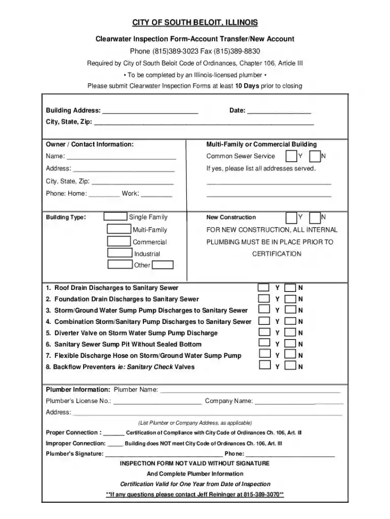 Fillable Online southbeloit Clearwater inspection Preview on Page 1