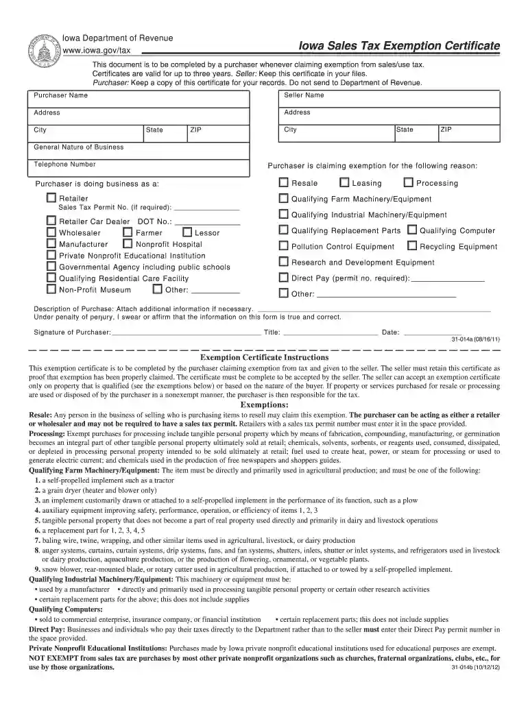 ia sales tax exemption certificate form Preview on Page 1