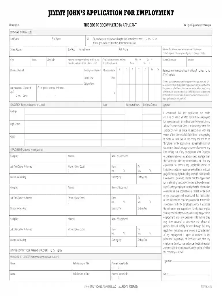 jimmy john's application Preview on Page 1