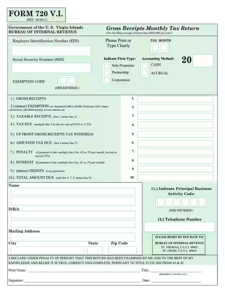 FORM 720 VI - Virgin Islands Bureau of Internal Revenue Preview on Page 1