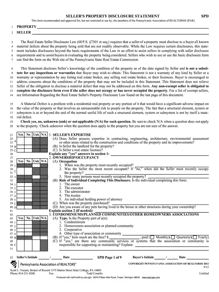 pennsylvania sellers disclosure form 2024 Preview on Page 1