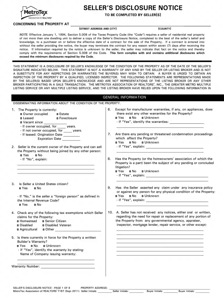 metrotex seller's disclosure form Preview on Page 1