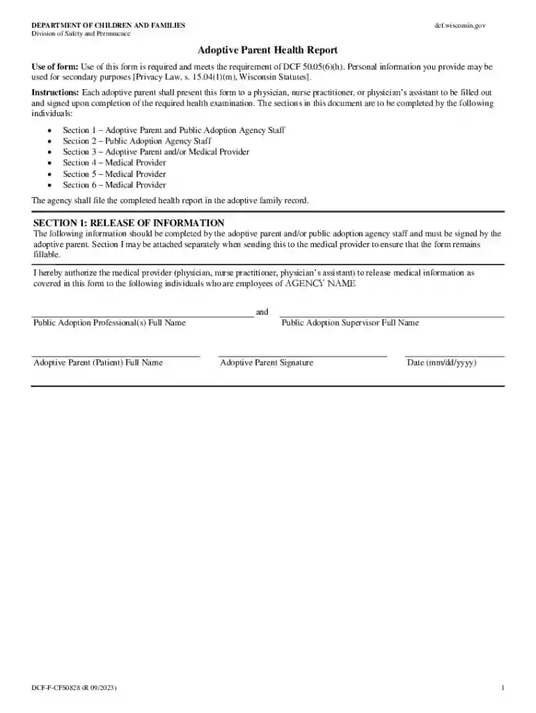 Adoptive Parent Health Report, DCF-F-CFS0828-E Division of Safety and Permanence Preview on Page 1
