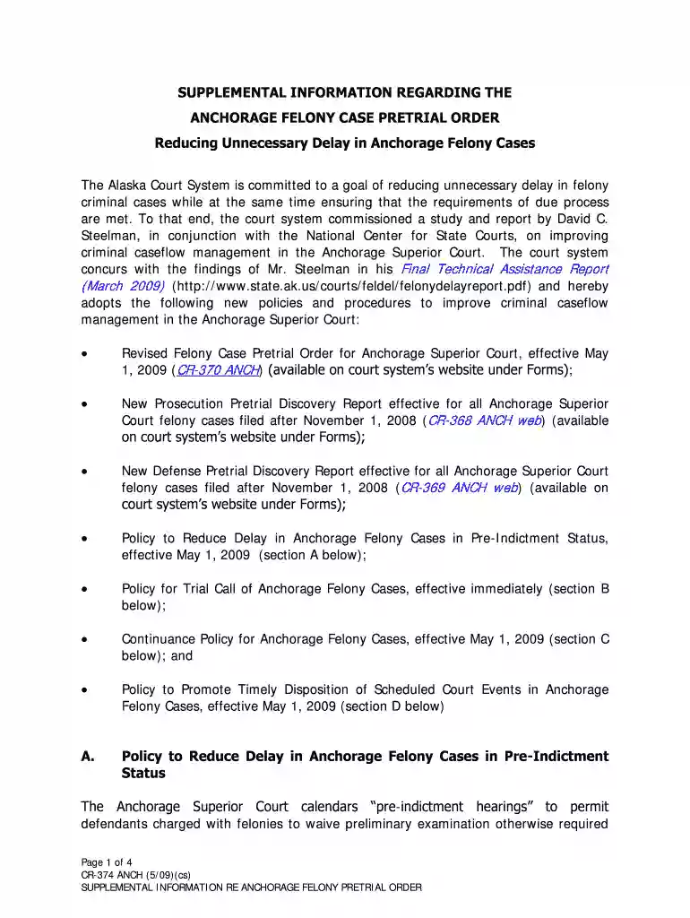 CR-374 ANCH SUPP INFO POLICY re Reducing Unnecessary Delay 5-09 Criminal Forms Preview on Page 1