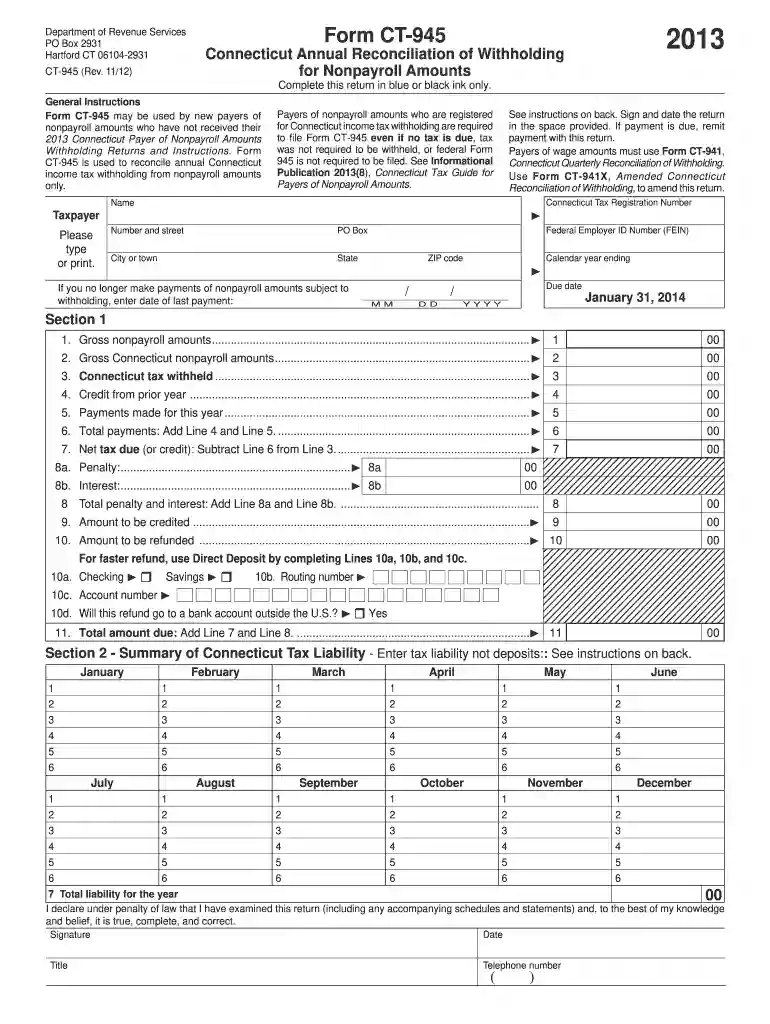 form ct 945 2013 Preview on Page 1