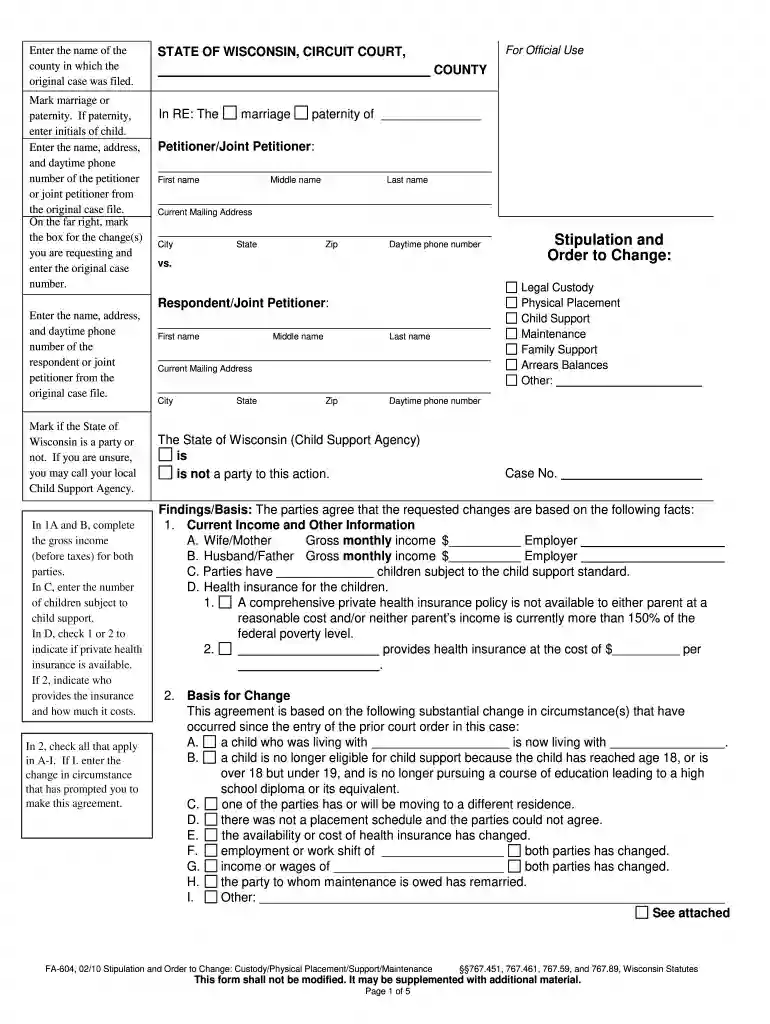 wisconsin child support arrears forgiveness form Preview on Page 1