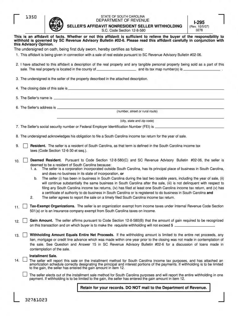 instructions for south carolina sellers affidavit nonresident seller withholding code section 12 8 5 Preview on Page 1