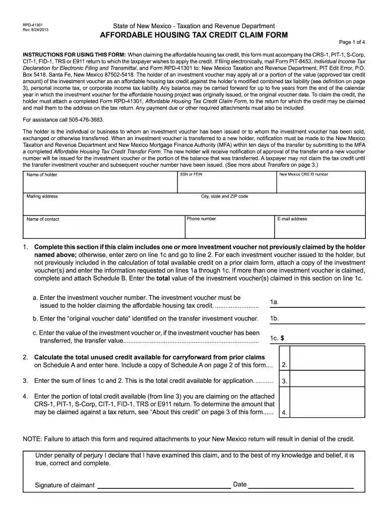 nm affordable housing credit claim form help 2013 Preview on Page 1