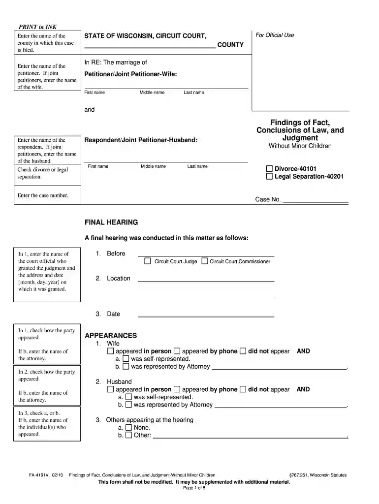 wisconsin fill in findings of fact form with minor children Preview on Page 1