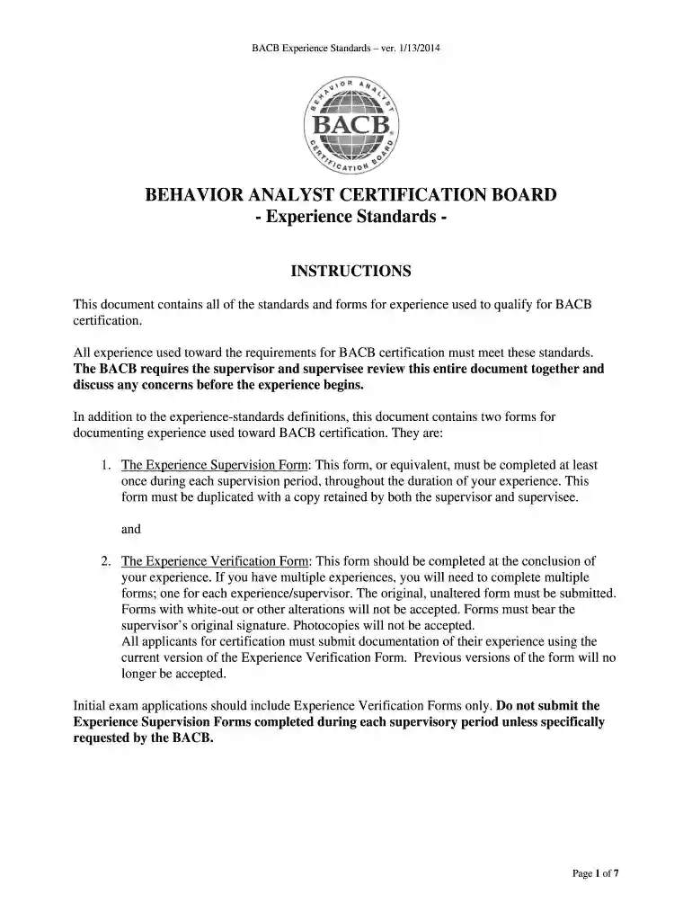 bacb experience verification form Preview on Page 1