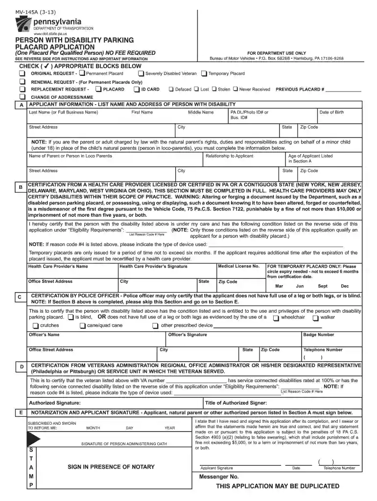 pa handicap placard form Preview on Page 1