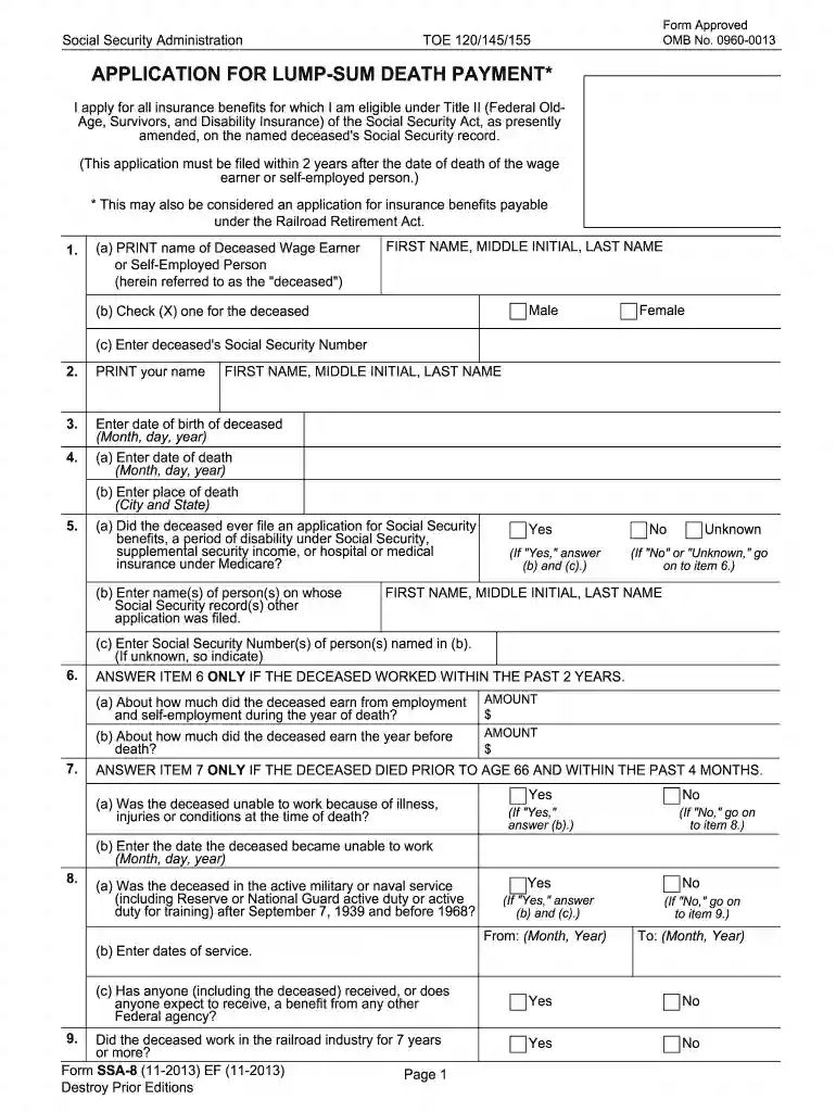 ssa 8 form Preview on Page 1