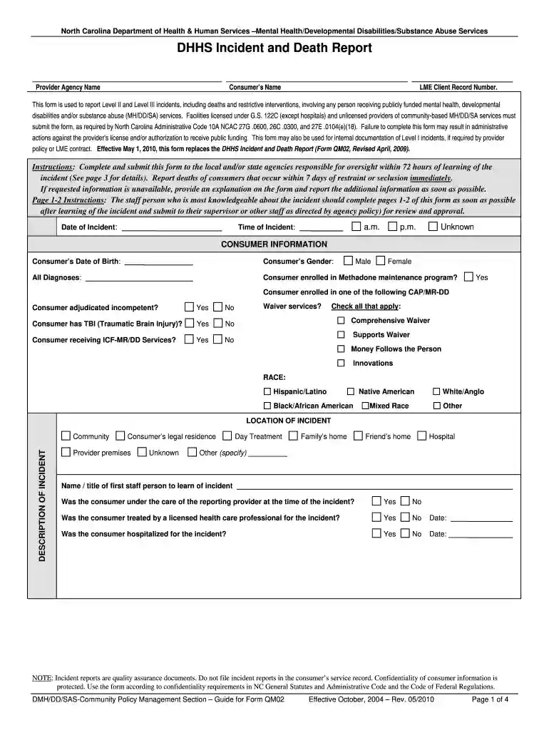 nc dhhs incident report forms Preview on Page 1