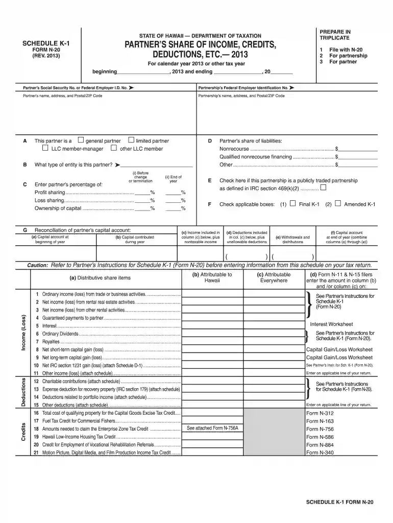 Schedule K-1, Form N-20, Rev 2013, Partner's Share - Hawaii Preview on Page 1