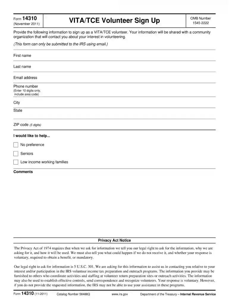 Form 14310 (Rev. 10-2015). VITA/TCE Volunteer Sign Up Preview on Page 1