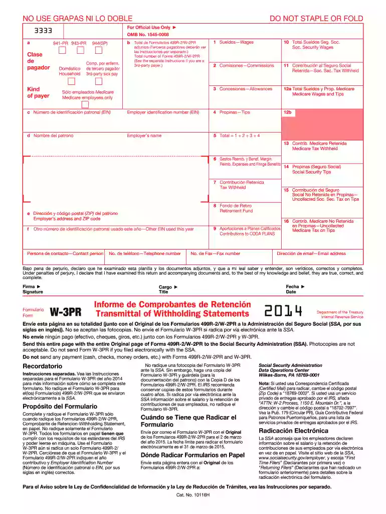 2014 Form W-3 (PR) Preview on Page 1