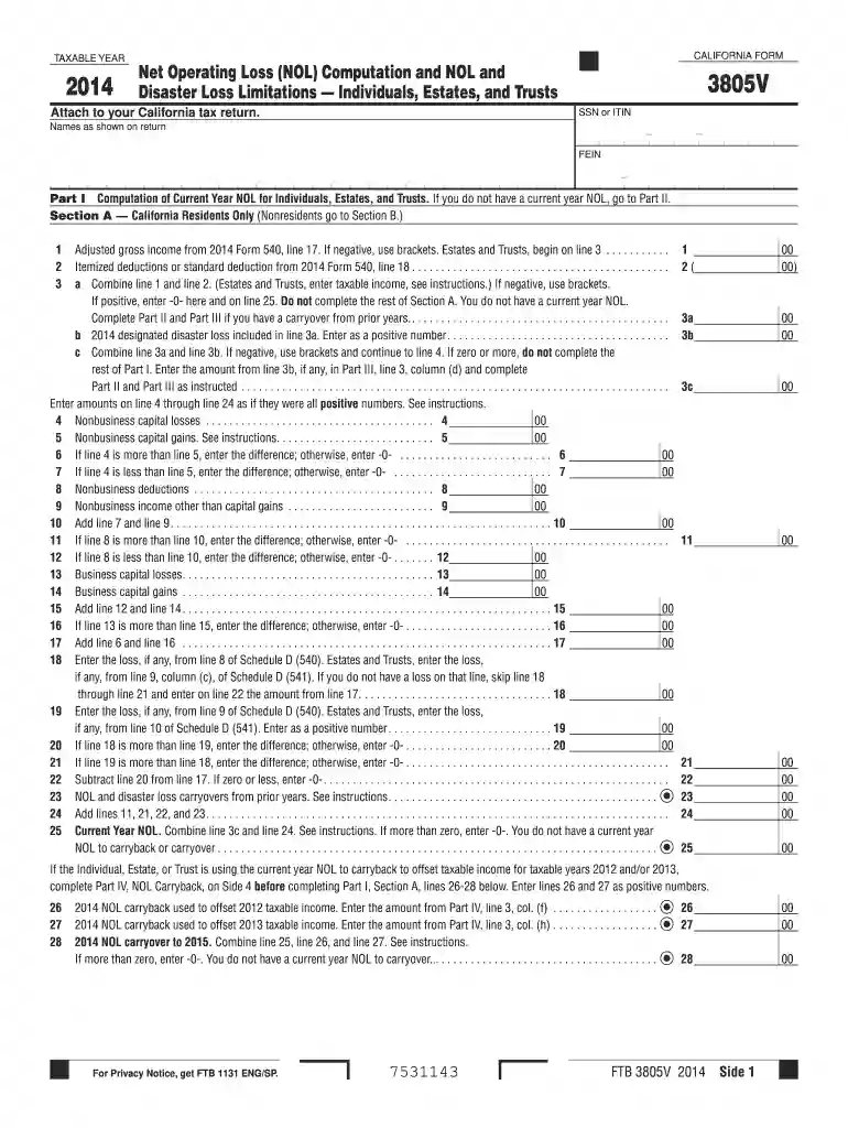 2014 Form 3805V -- Net Operating Loss (NOL) Computation and NOL and Disaster Loss LimitationsIndividuals, Estates, and Trusts Preview on Page 1