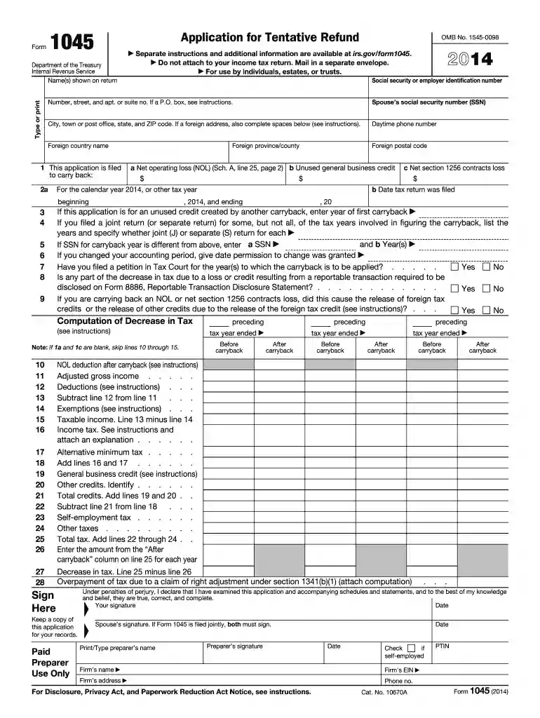 form 1045 Preview on Page 1