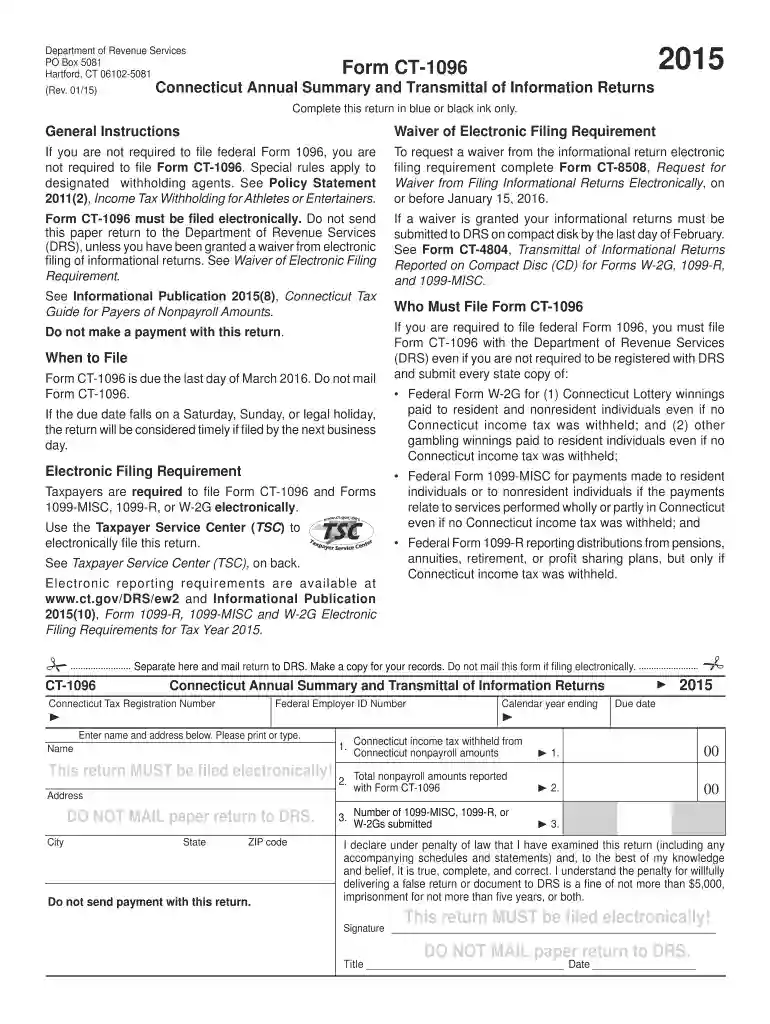 form ct 1096 drs 2015 Preview on Page 1