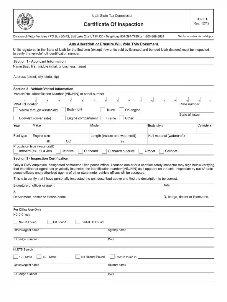 utah vin inspection form Preview on Page 1