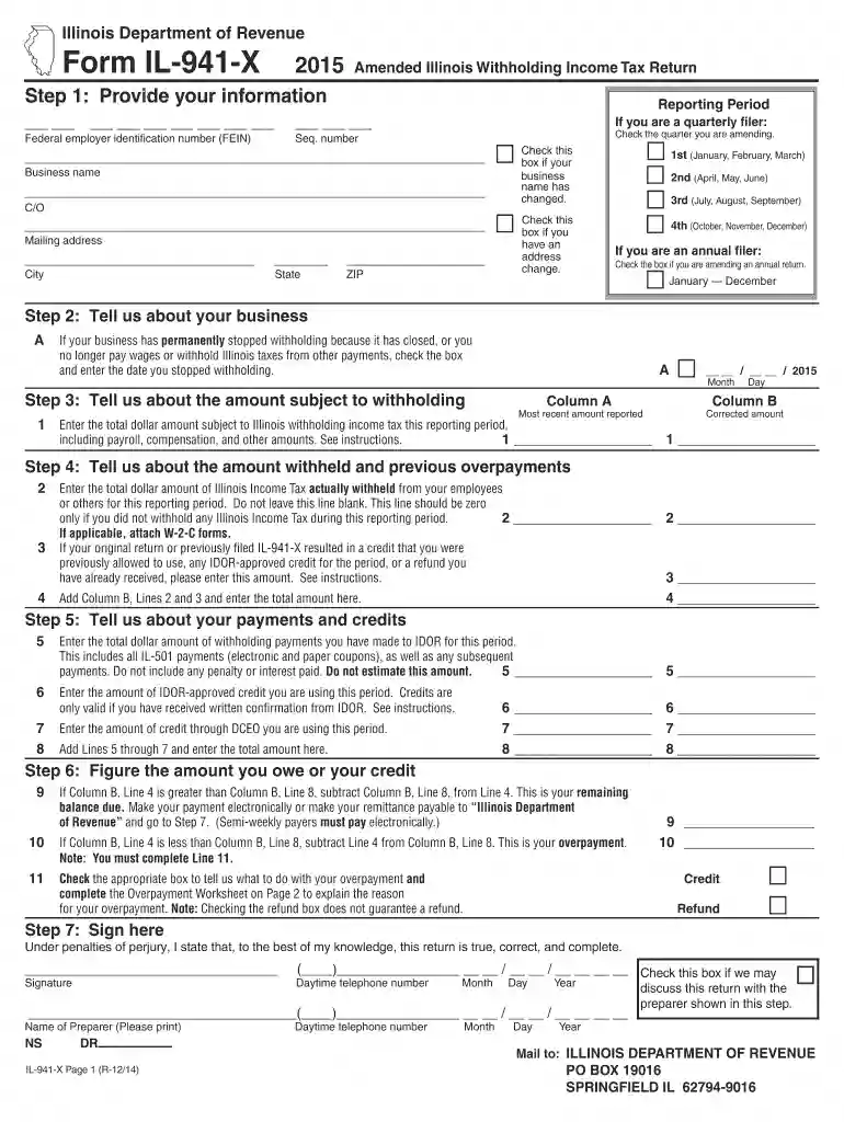 2019 IL-941-X, Amended Illinois Withholding Income Tax Return Preview on Page 1